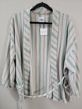 Zara The Beth Kimono Striped Woven Open Front Tie Waist Cover Up L